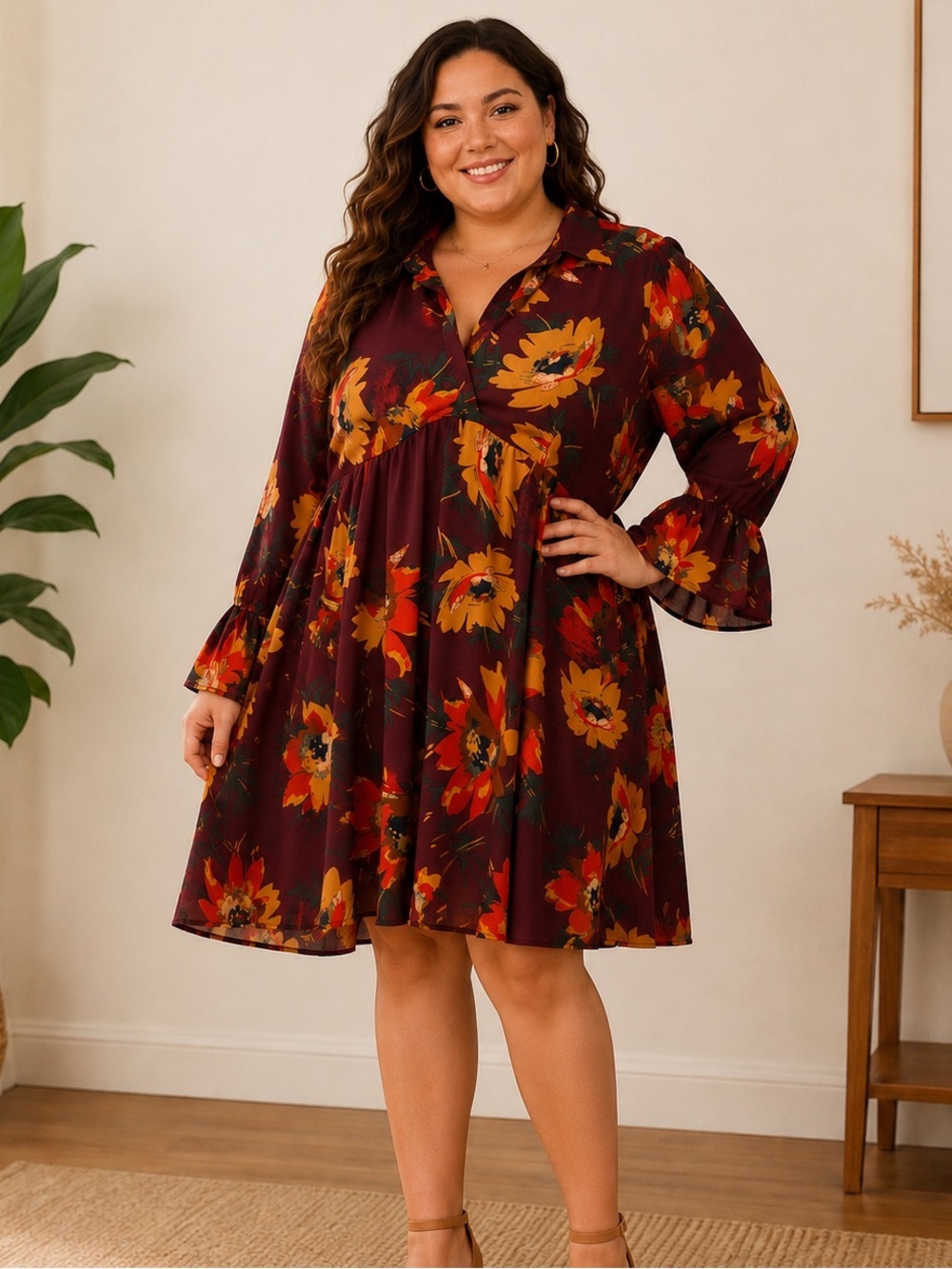 Umgee Burgundy Floral Long Sleeve Dress